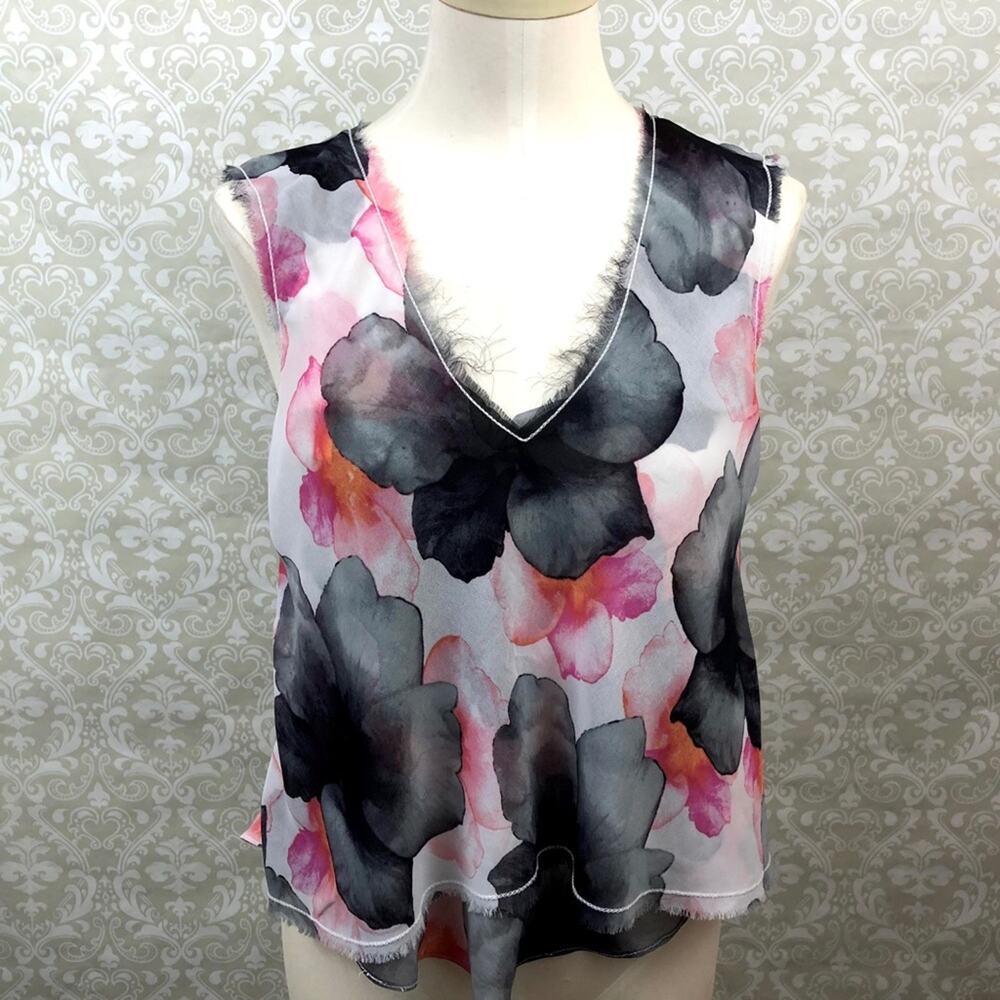 Rachel Roy Small Womens Watercolor Floral Print Sheer Frayed Sleeveless Blouse